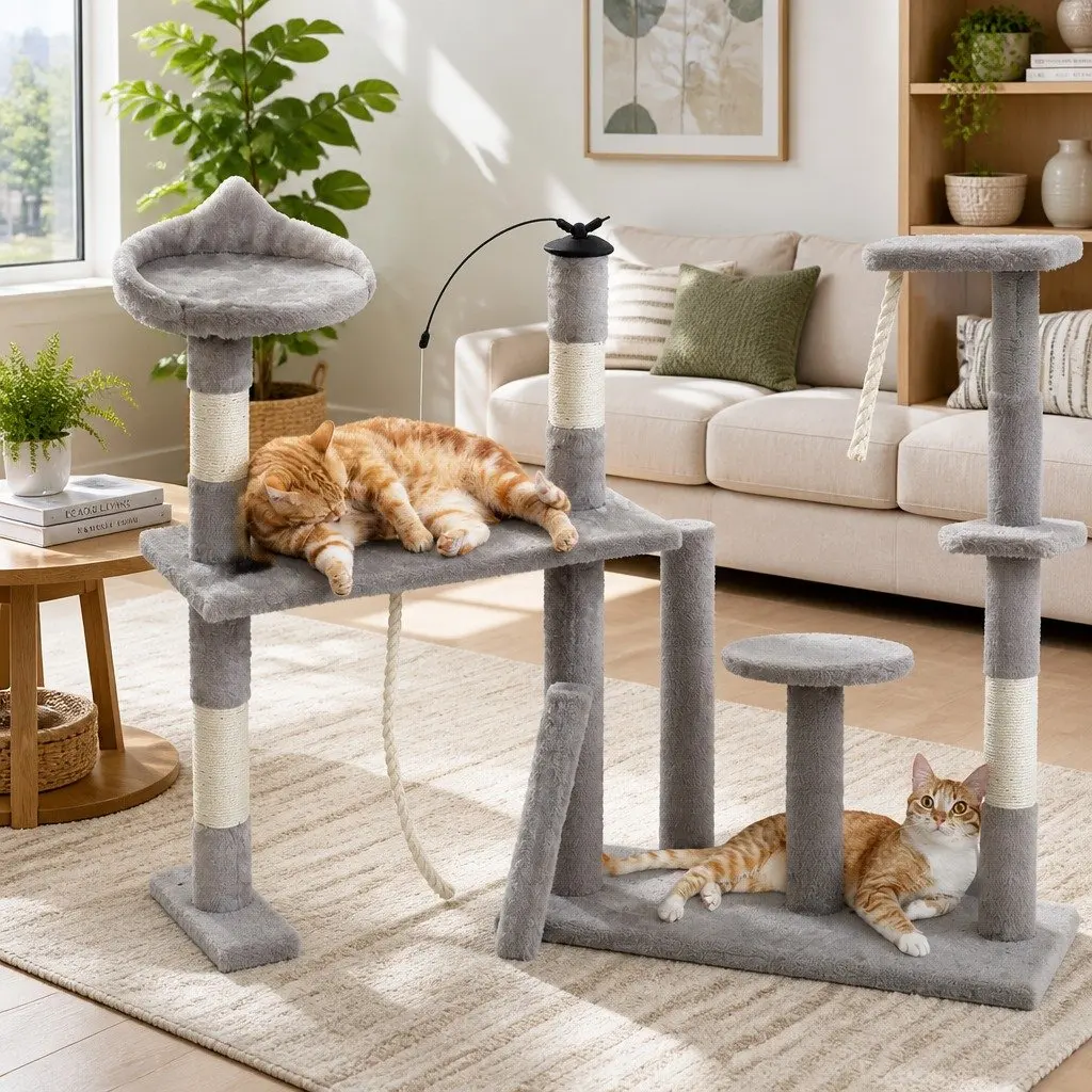 Cat Tree 135cm Scratching Post Tower 4-Level Condo House Grey Wood Toys Climbing