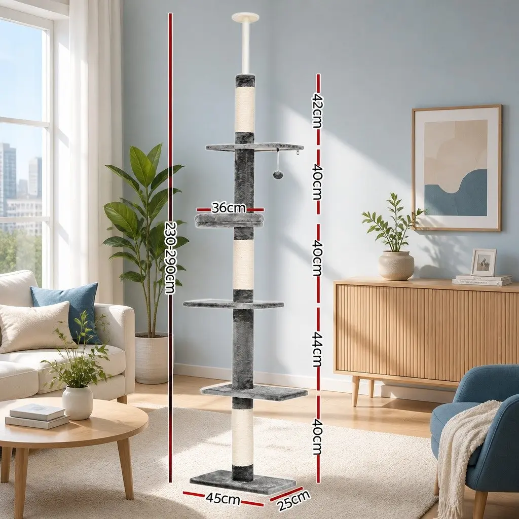 Cat Tree 290cm Floor to Ceiling Scratching Post Tower Bed 5 Levels Plush Cover