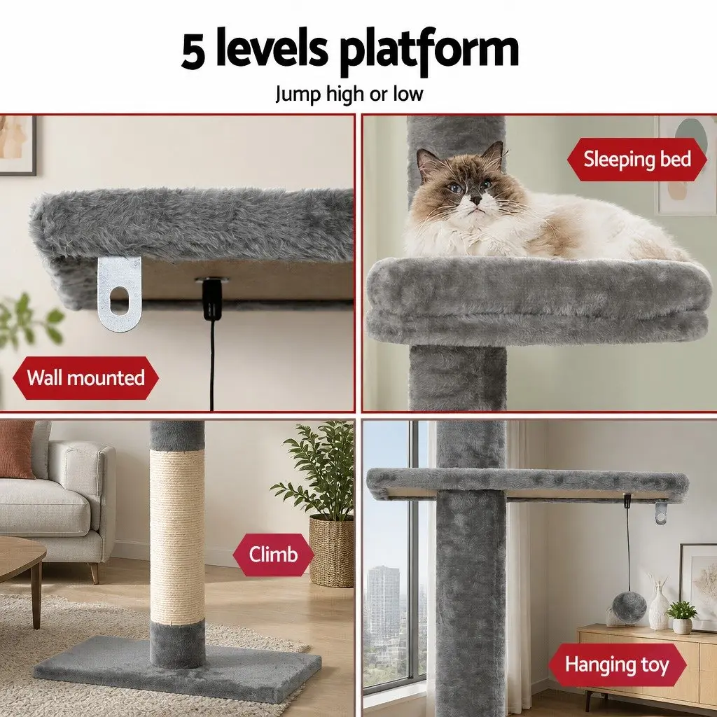 Cat Tree 290cm Floor to Ceiling Scratching Post Tower Bed 5 Levels Plush Cover