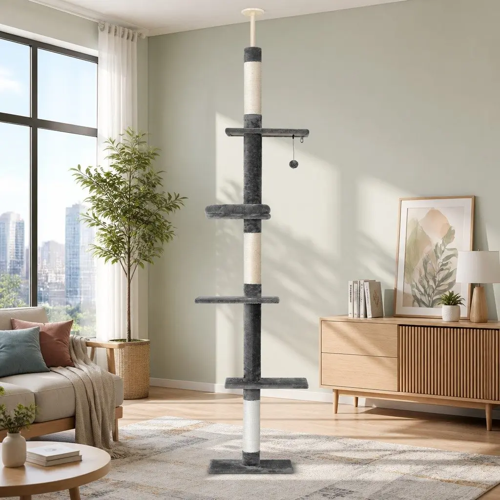 Cat Tree 290cm Floor to Ceiling Scratching Post Tower Bed 5 Levels Plush Cover