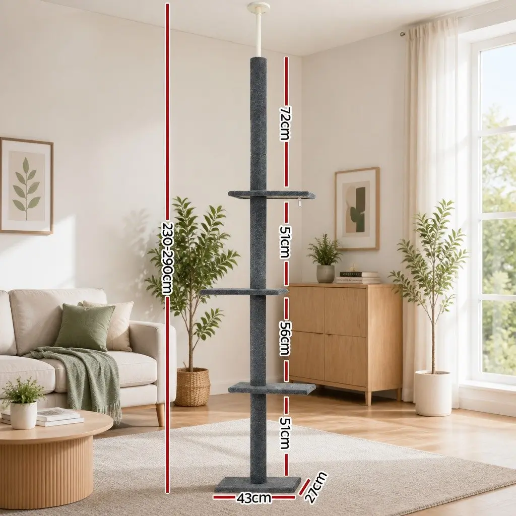 Cat Scratching Post Floor to Ceiling 290cm Grey 4 Platforms