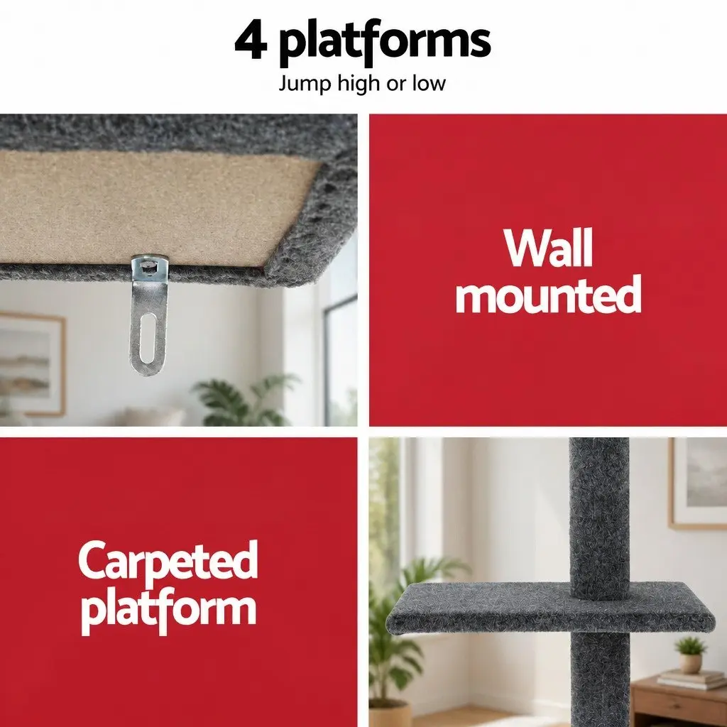 Cat Scratching Post Floor to Ceiling 290cm Grey 4 Platforms