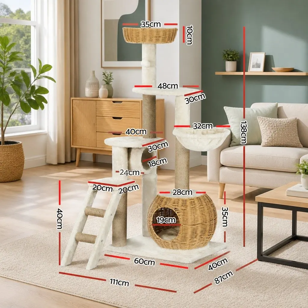 Cat Tree 138cm Tower Scratching Post Multi-Level Climbing House Bed Condo Rattan
