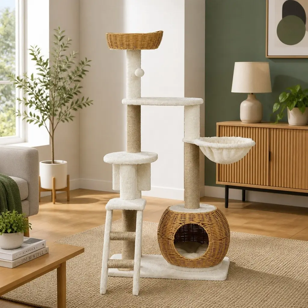 Cat Tree 138cm Tower Scratching Post Multi-Level Climbing House Bed Condo Rattan