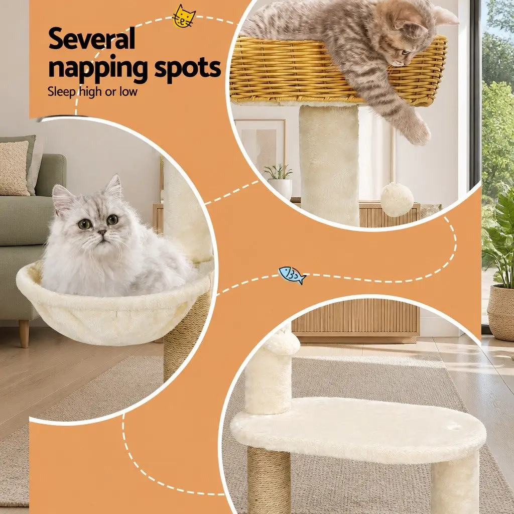 Cat Tree 138cm Tower Scratching Post Multi-Level Climbing House Bed Condo Rattan