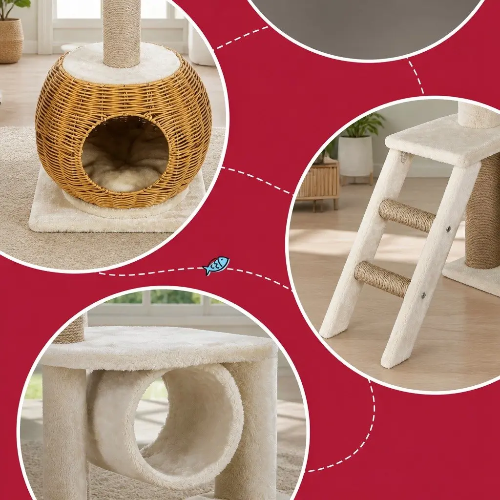 Cat Tree 138cm Tower Scratching Post Multi-Level Climbing House Bed Condo Rattan