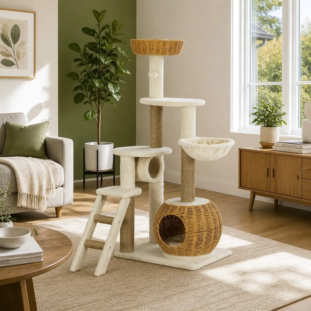 Cat Tree 138cm Tower Scratching Post Multi-Level Climbing House Bed Condo Rattan