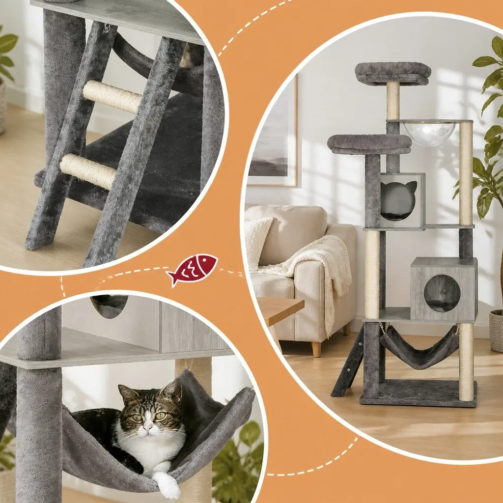 Cat Tree 178cm Tower Scratching Post Multi-Level Condo House Wooden Ladder Bed