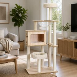 142cm Cat Tree with Bed and Scratching Post - Beige