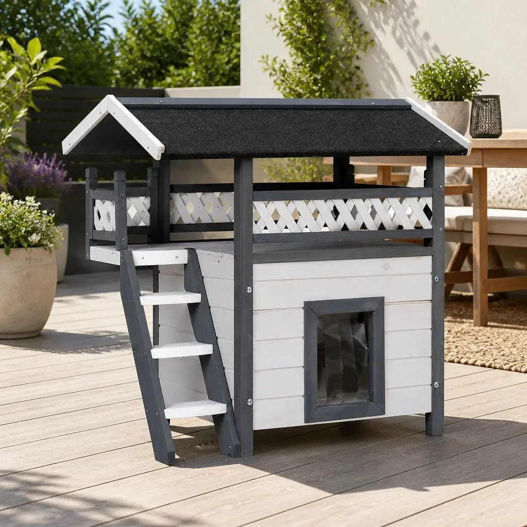 Wooden Pet Hutch Outdoor Use Double Tier Condo 77cm x 50cm x 73cm Grey White