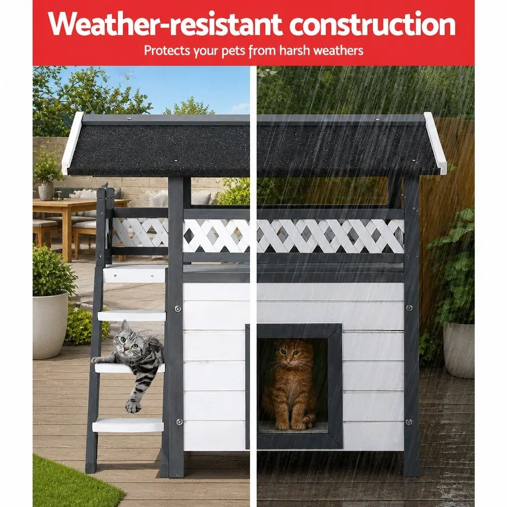 Wooden Pet Hutch Outdoor Use Double Tier Condo 77cm x 50cm x 73cm Grey White