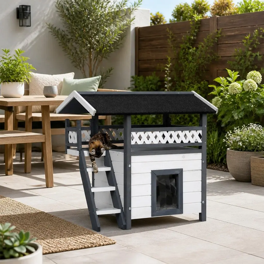 Wooden Pet Hutch Outdoor Use Double Tier Condo 77cm x 50cm x 73cm Grey White