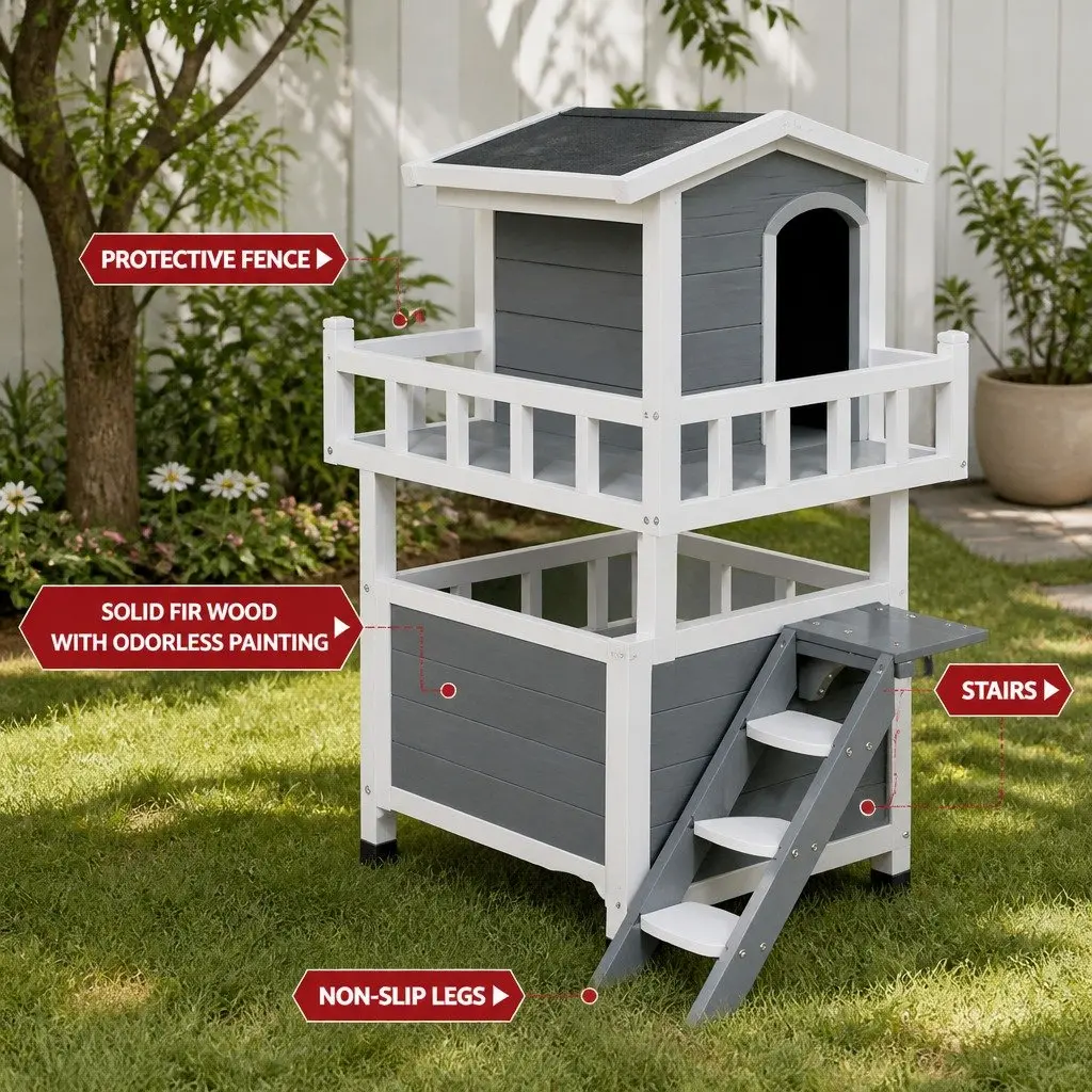 Wooden Cat House Small Animal Shelter Indoor Outdoor 72cm W x 72cm D x 127cm H