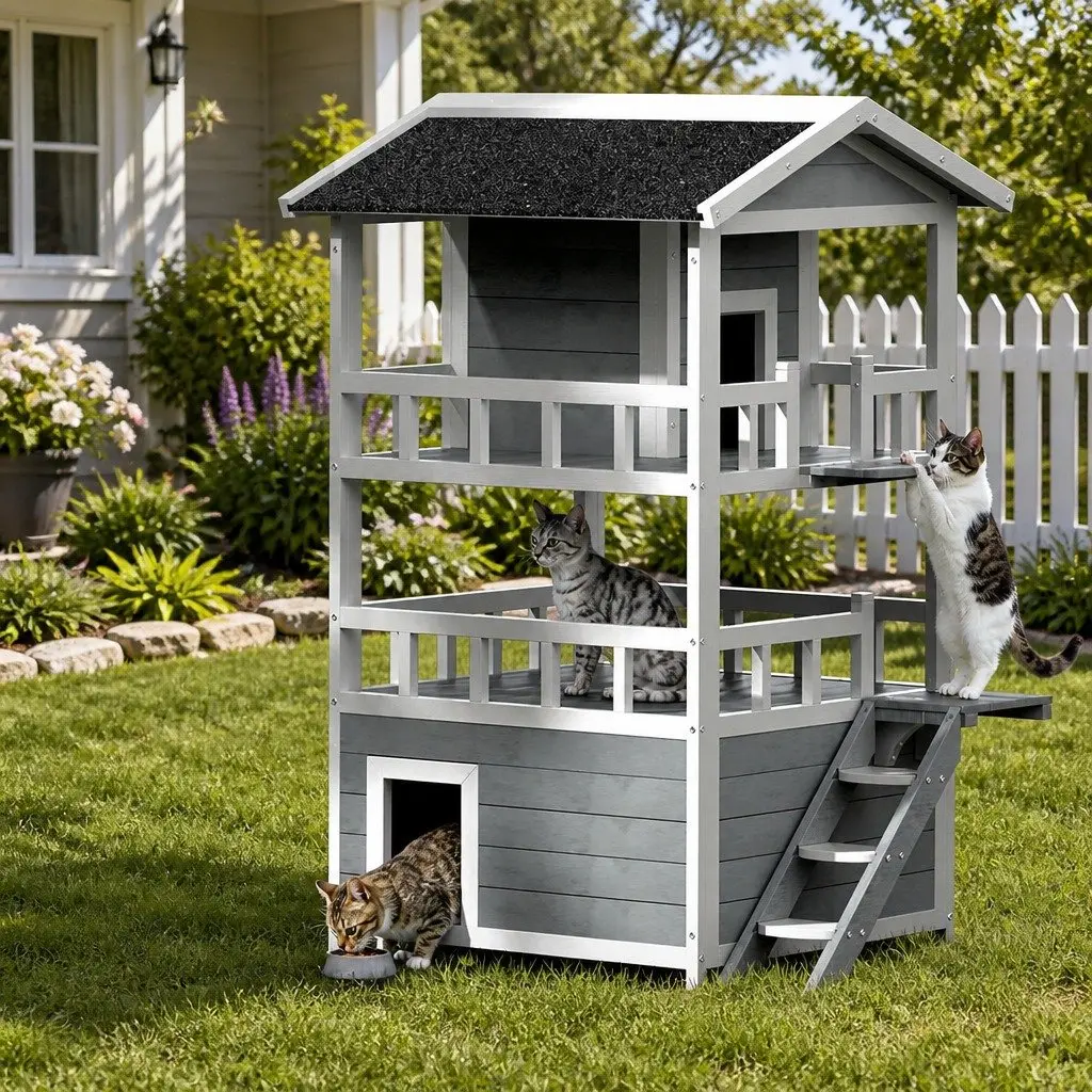 Wooden Cat House Small Animal Shelter Indoor Outdoor 72cm W x 72cm D x 127cm H
