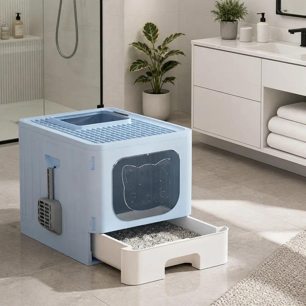 Cat Litter Box Enclosed Hooded Foldable Large Tray Kitty Toilet with Scoop Blue