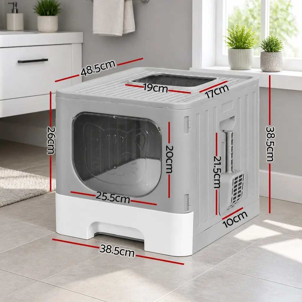 Cat Litter Box Enclosed Hooded Foldable Kitty Toilet Tray Grey White 48.5cm L x 38.5cm W x 38.5cm H