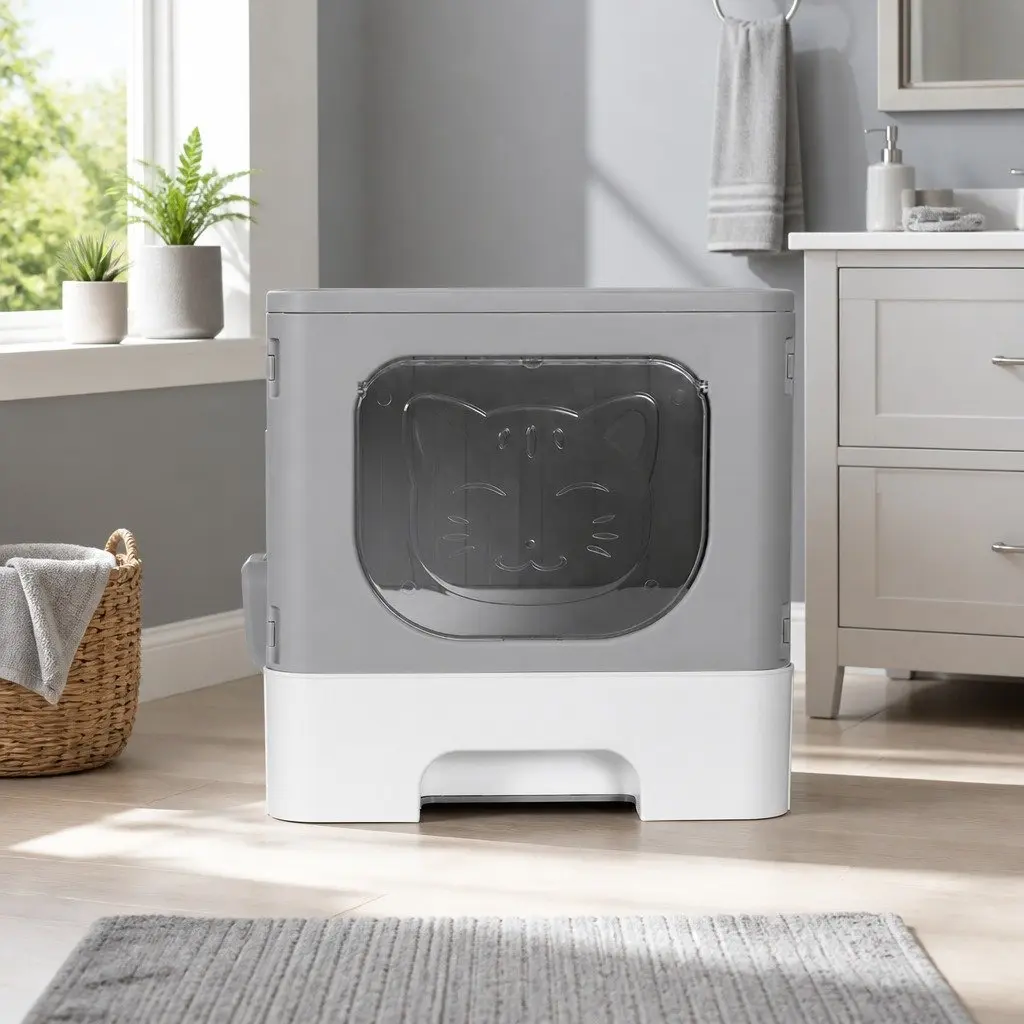 Cat Litter Box Enclosed Hooded Foldable Kitty Toilet Tray Grey White 48.5cm L x 38.5cm W x 38.5cm H