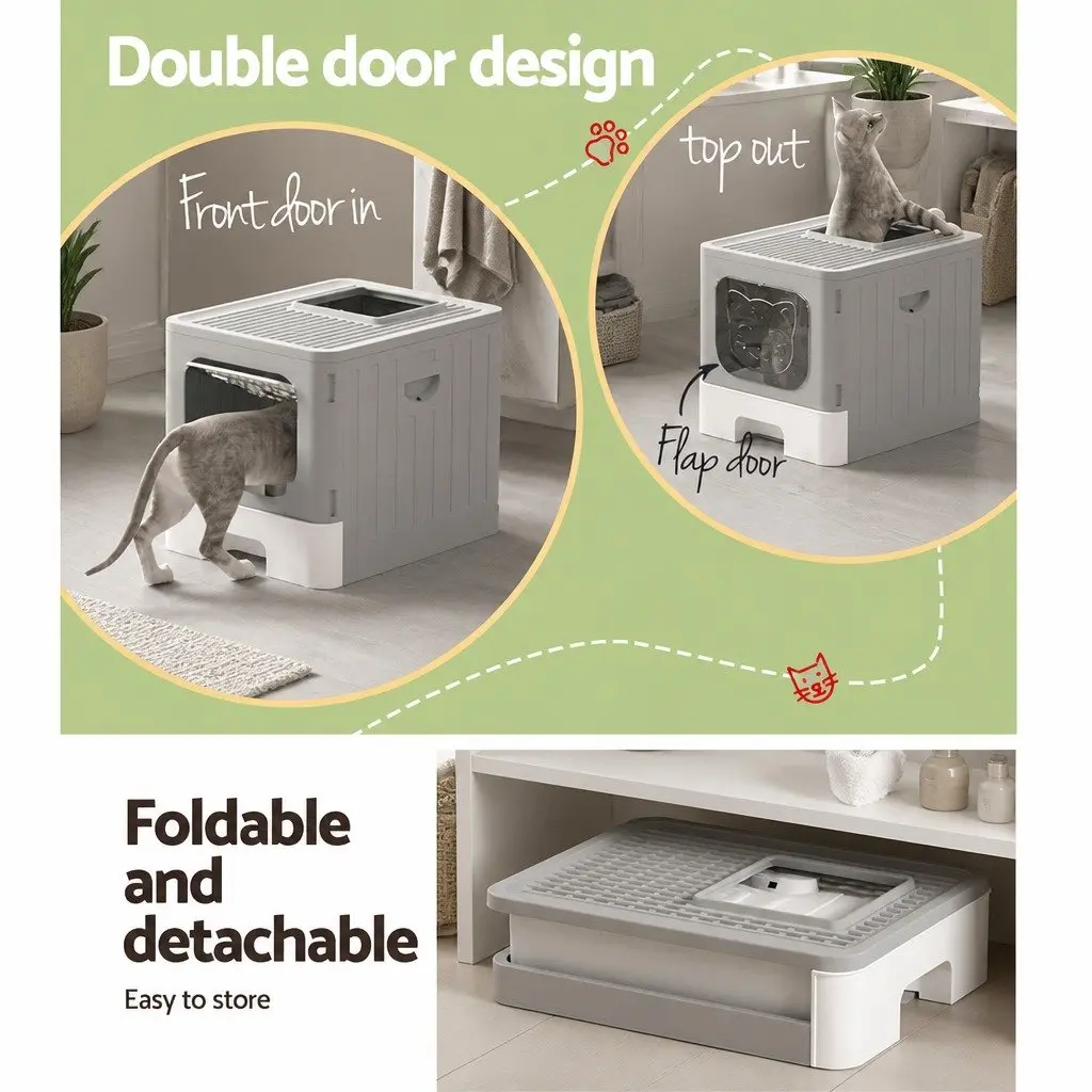 Cat Litter Box Enclosed Hooded Foldable Kitty Toilet Tray Grey White 48.5cm L x 38.5cm W x 38.5cm H