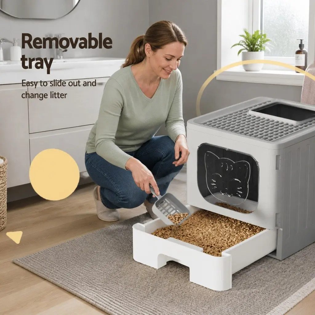 Cat Litter Box Enclosed Hooded Foldable Kitty Toilet Tray Grey White 48.5cm L x 38.5cm W x 38.5cm H