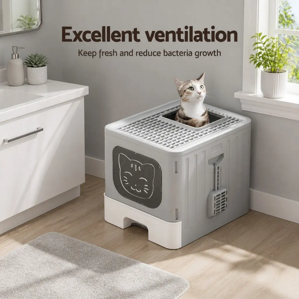 Cat Litter Box Enclosed Hooded Foldable Kitty Toilet Tray Grey White 48.5cm L x 38.5cm W x 38.5cm H