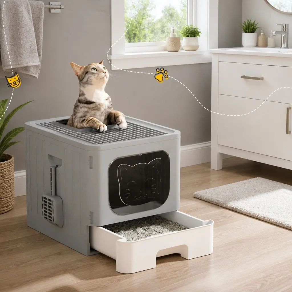Cat Litter Box Enclosed Hooded Foldable Kitty Toilet Tray Grey White 48.5cm L x 38.5cm W x 38.5cm H