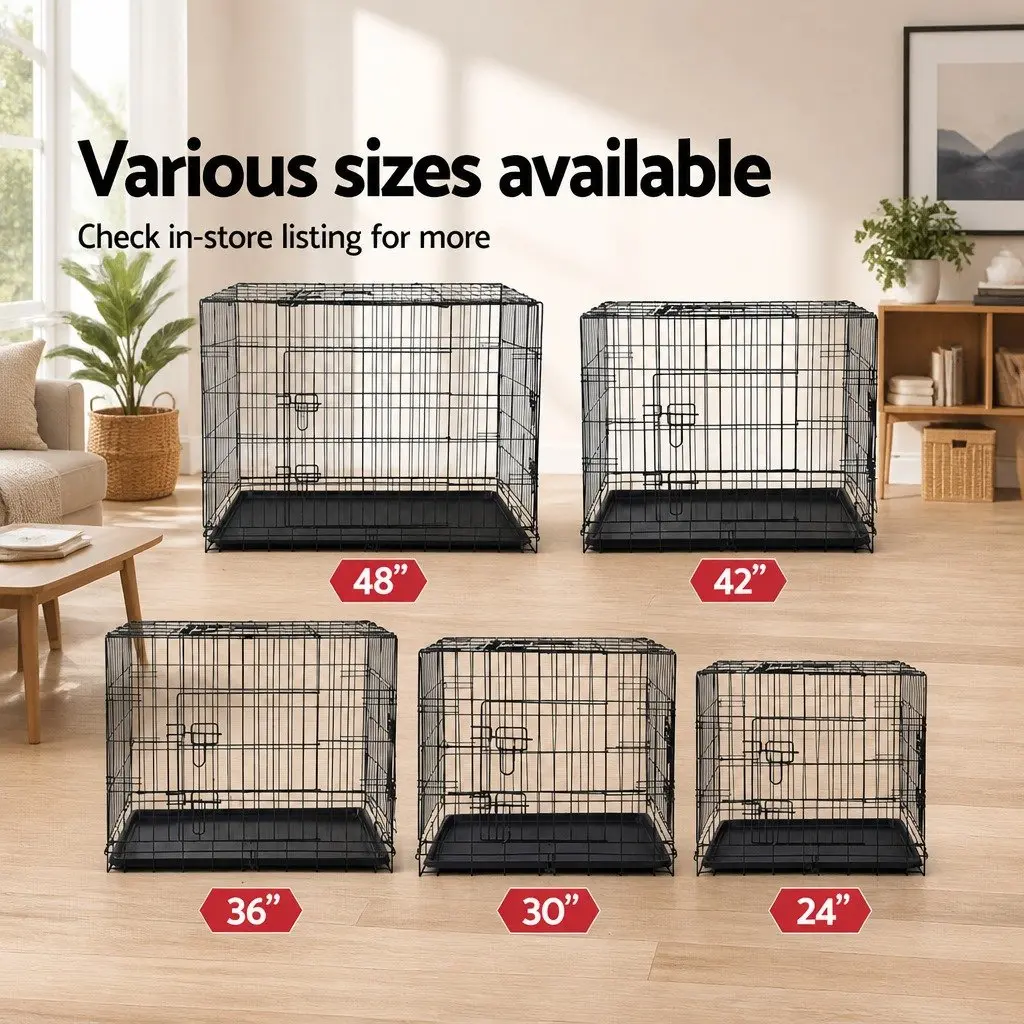 Dog Cage for Pet Containment and Travel 24 Inch Foldable Metal with 3 Doors Black