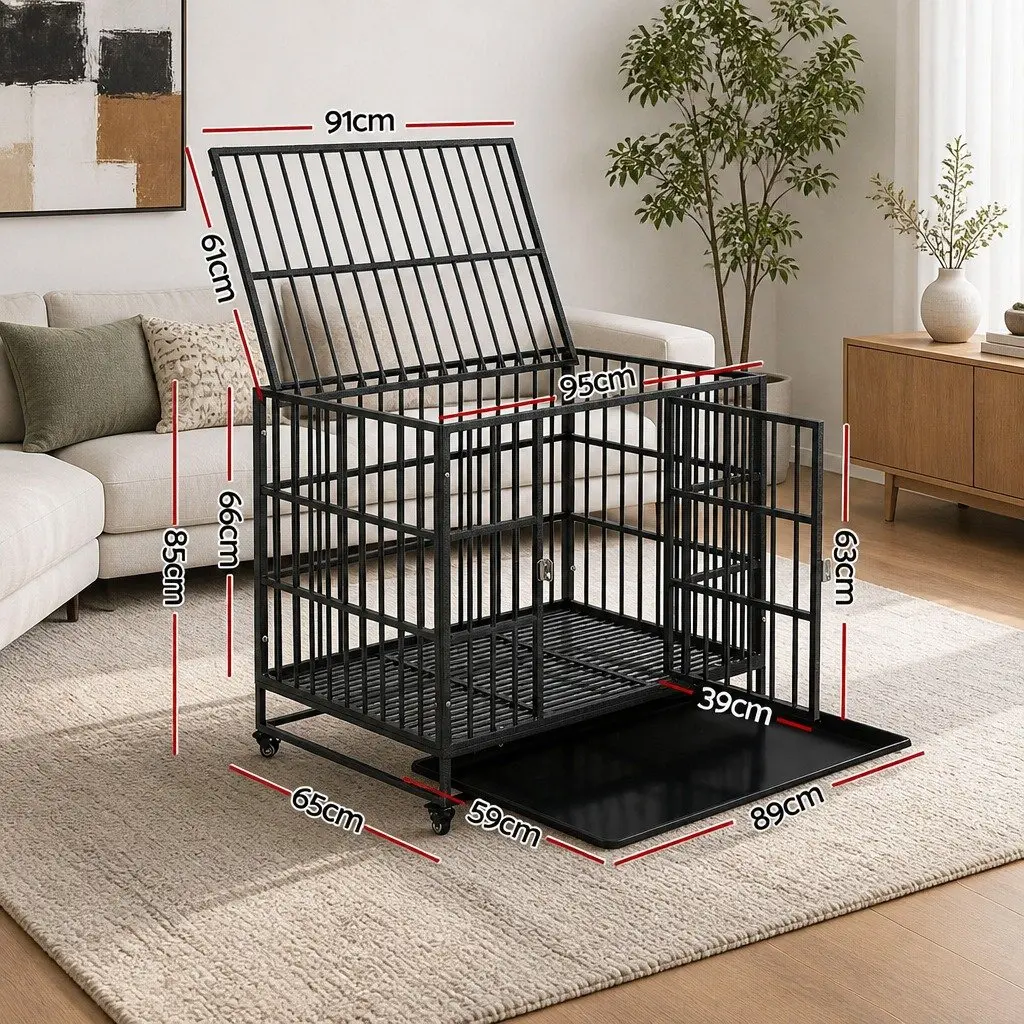Dog Cage Crate for Medium Pets with Lockable Wheels Removable Tray Metal Black 95cm x 65cm x 85cm