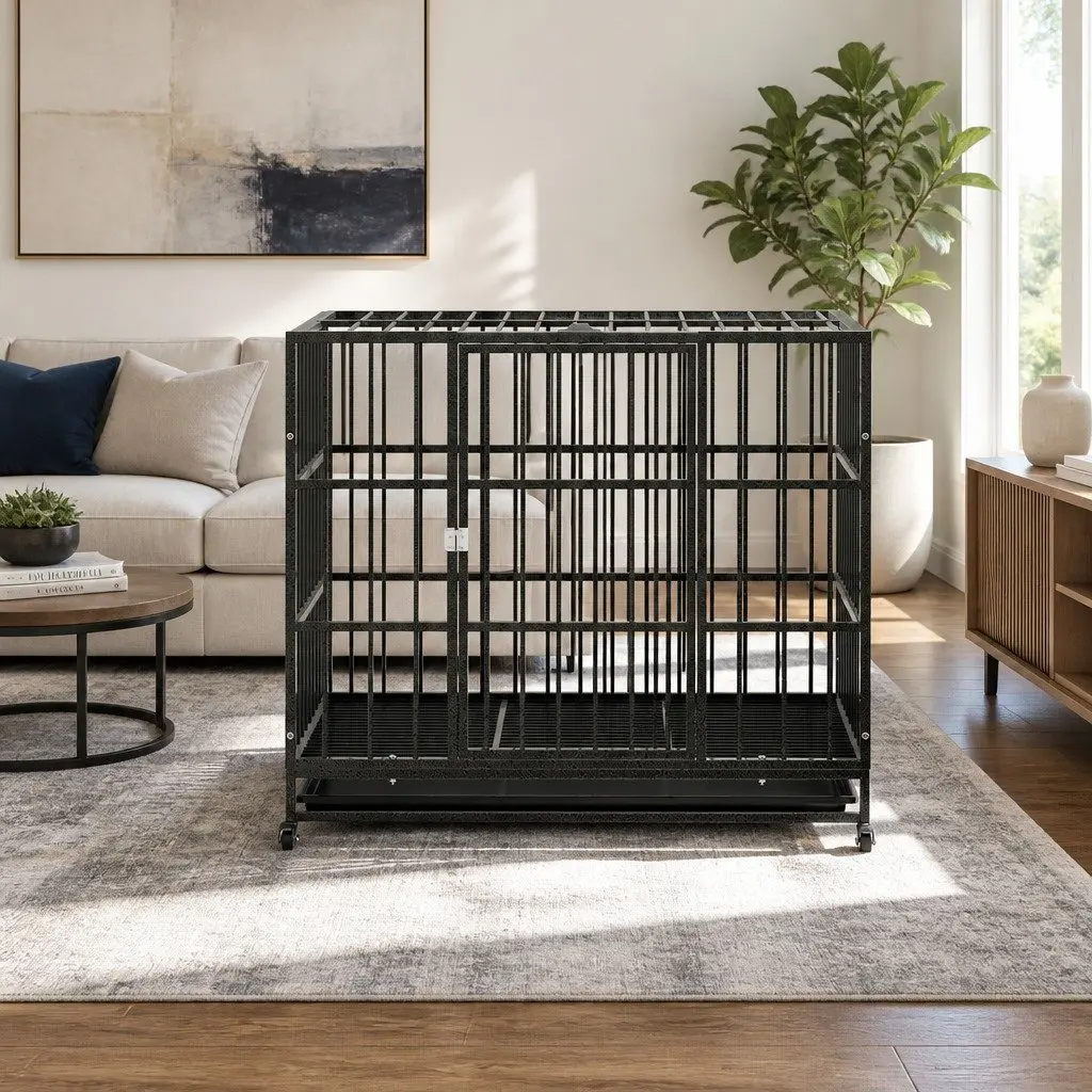 Dog Cage Crate for Medium Pets with Lockable Wheels Removable Tray Metal Black 95cm x 65cm x 85cm