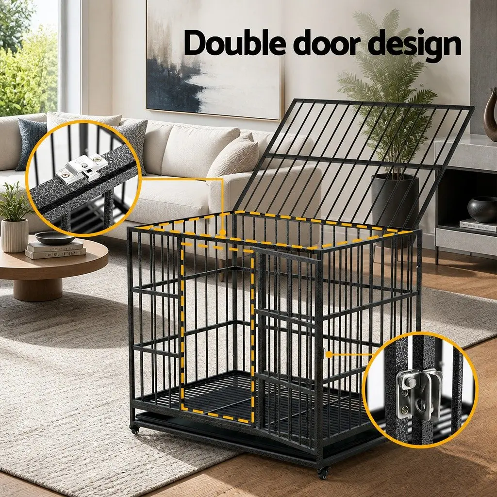 Dog Cage Crate for Medium Pets with Lockable Wheels Removable Tray Metal Black 95cm x 65cm x 85cm