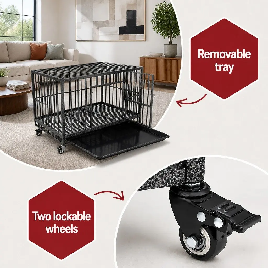 Dog Cage Crate for Medium Pets with Lockable Wheels Removable Tray Metal Black 95cm x 65cm x 85cm