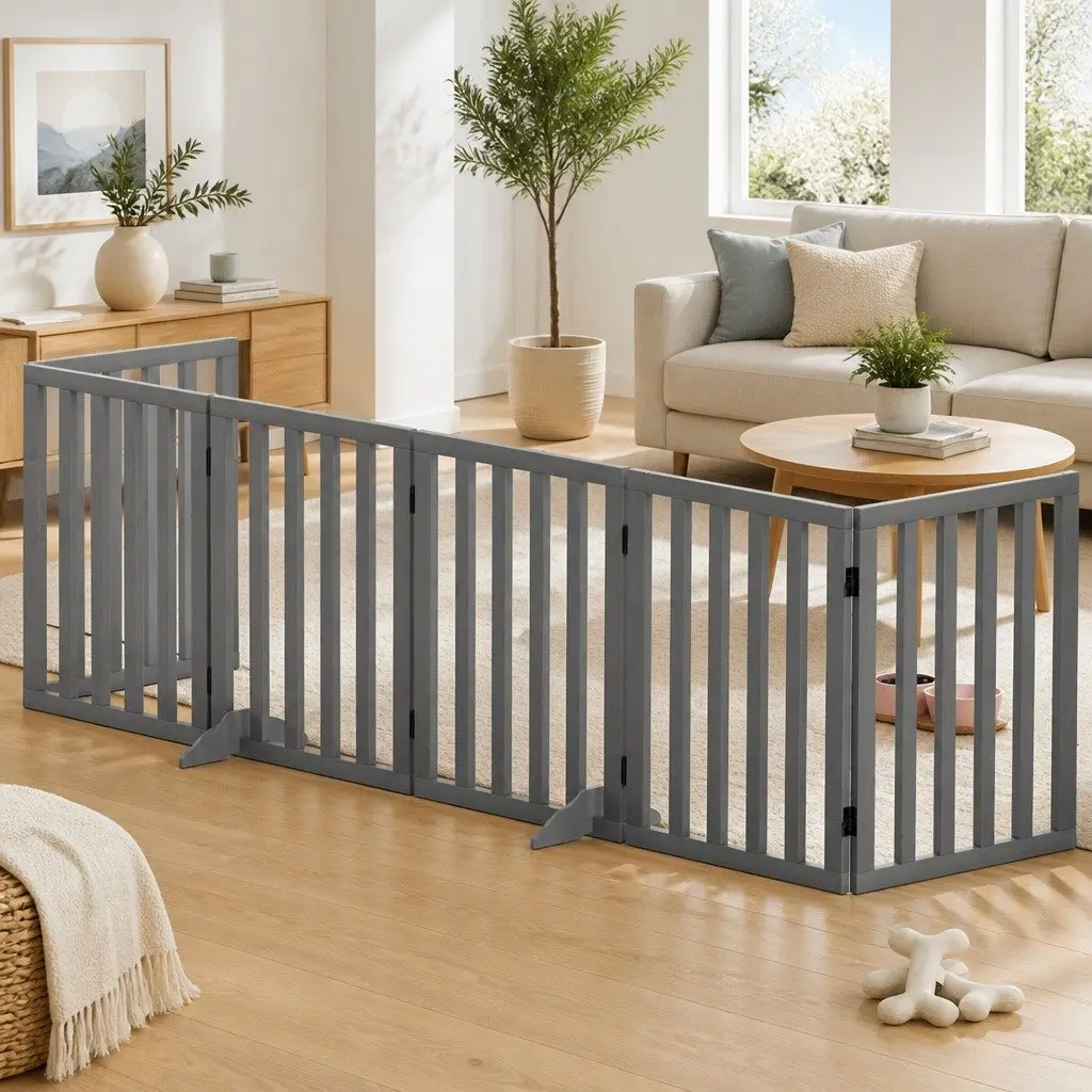 Dog Playpen Enclosure 6 Panel Pet Fence Wooden Play Pen Grey Foldable Gate