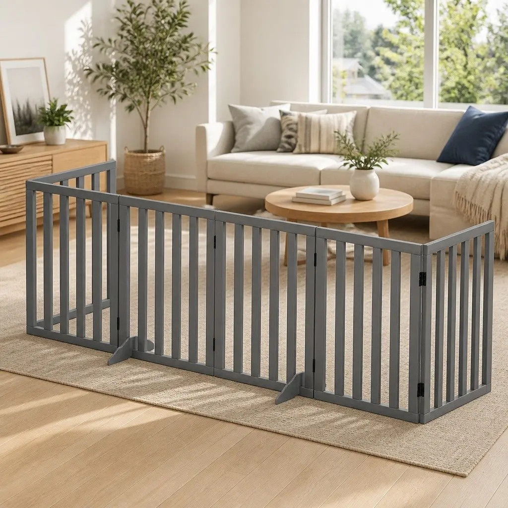 Dog Playpen Enclosure 6 Panel Pet Fence Wooden Play Pen Grey Foldable Gate