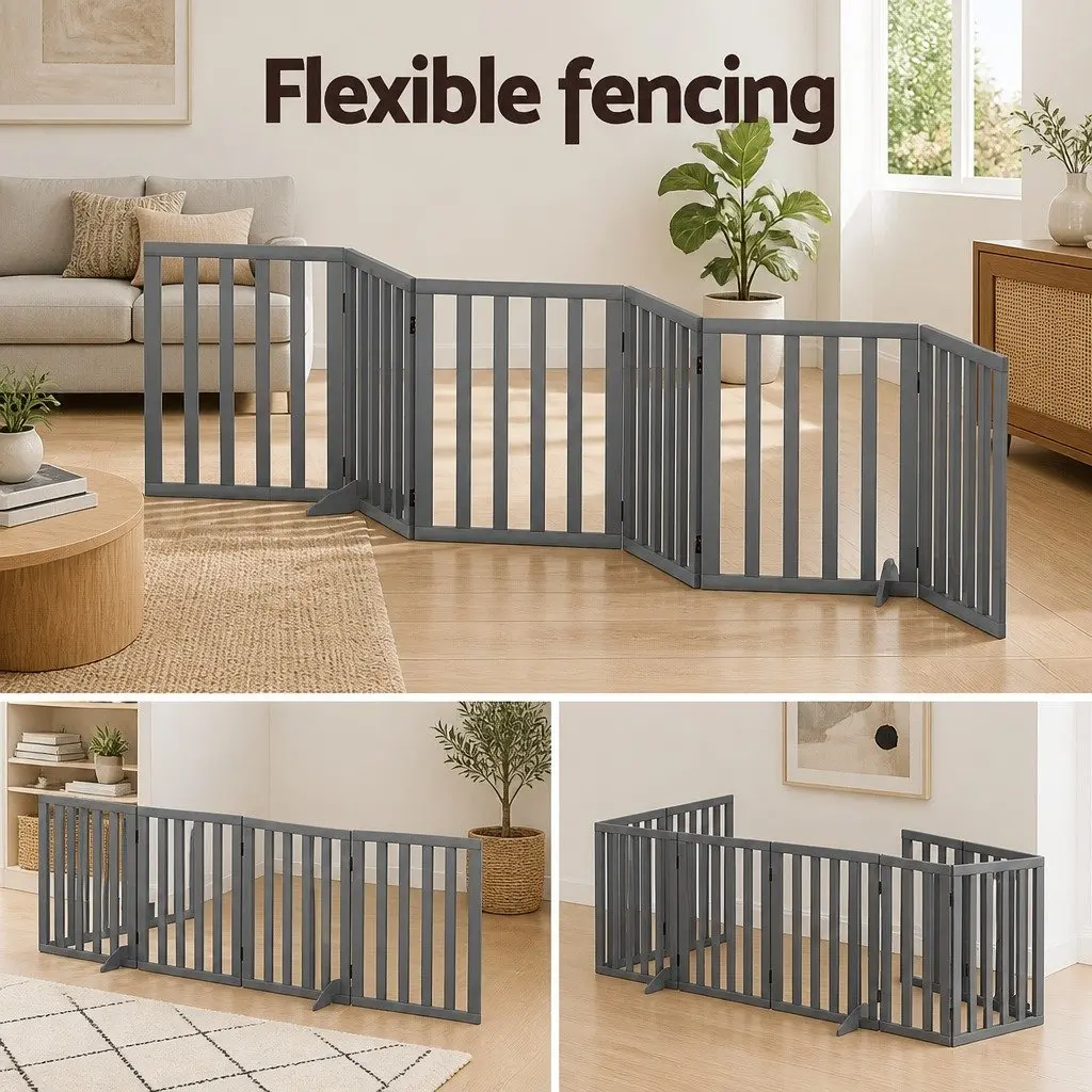 Dog Playpen Enclosure 6 Panel Pet Fence Wooden Play Pen Grey Foldable Gate