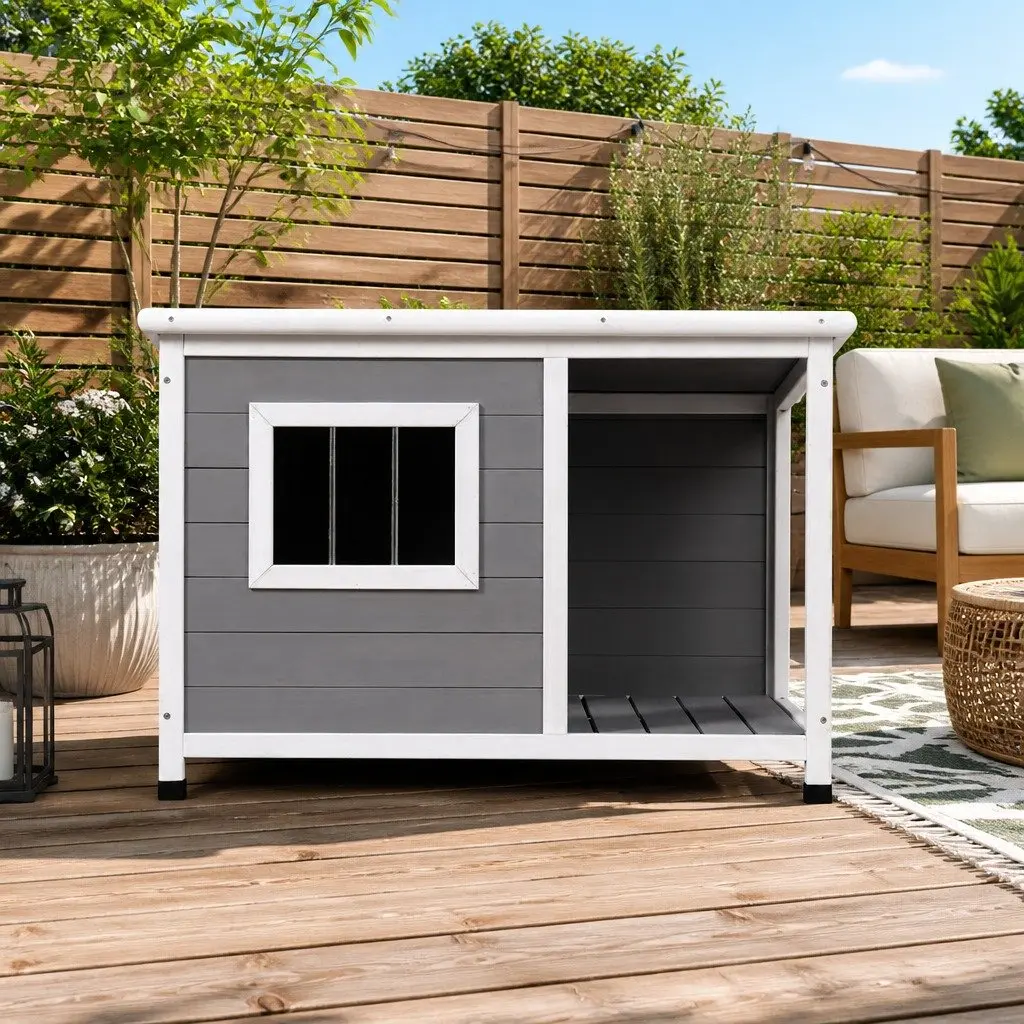 Dog Kennel House Indoor Outdoor Large Wooden Pet Shelter Grey 86cm x 63cm x 60cm