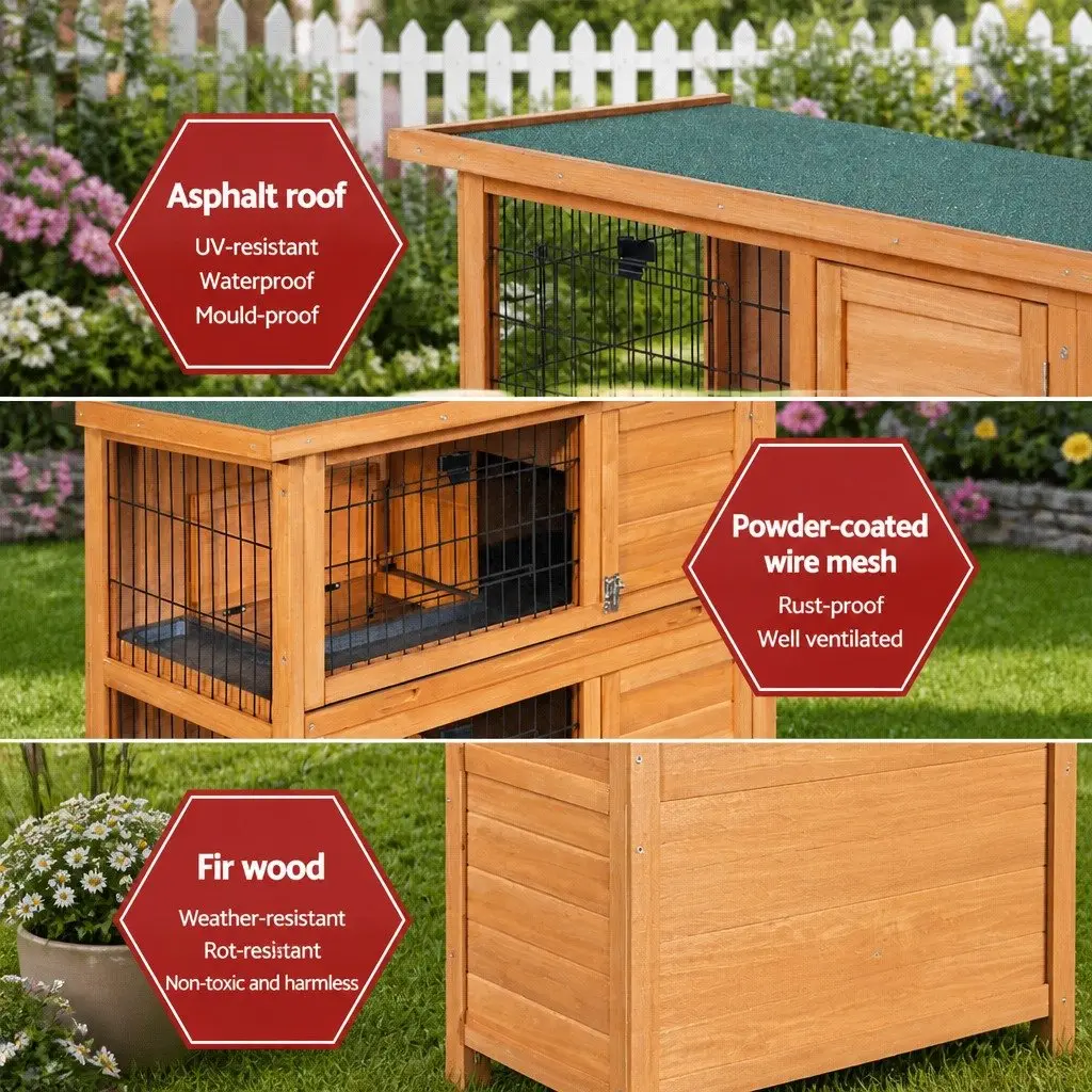 91.5cm Wooden Rabbit Hutch with Multiple Living Areas
