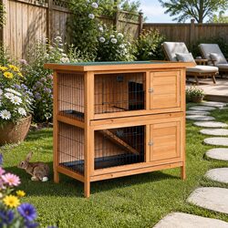 91.5cm Wooden Rabbit Hutch with Double-Level Design