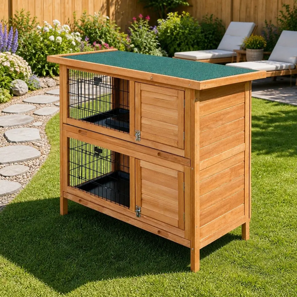 Rabbit Hutch for Small Animals Double Tier 91.5cm Wooden House