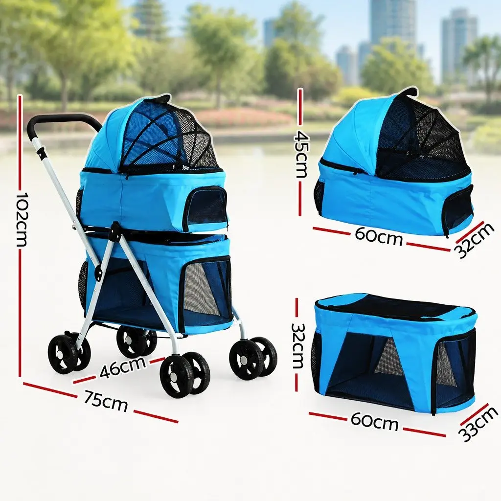 Pet Stroller for Dog and Cat Travel 3-in-1 Foldable Blue