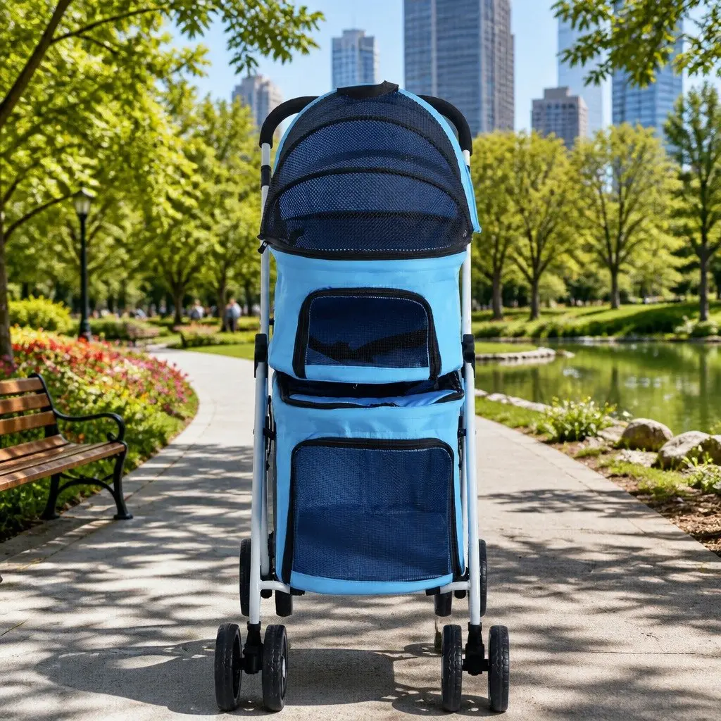 Pet Stroller for Dog and Cat Travel 3-in-1 Foldable Blue
