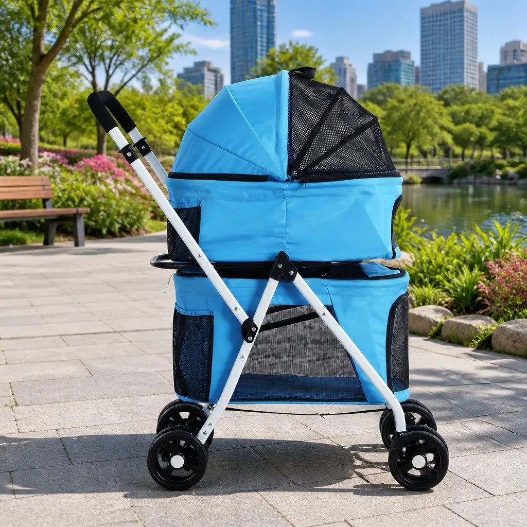 Pet Stroller for Dog and Cat Travel 3-in-1 Foldable Blue