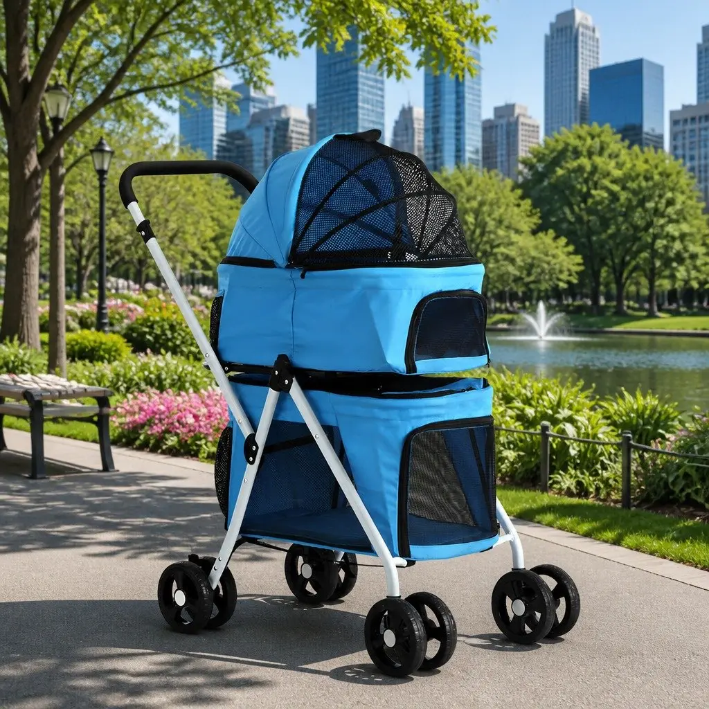 Pet Stroller for Dog and Cat Travel 3-in-1 Foldable Blue
