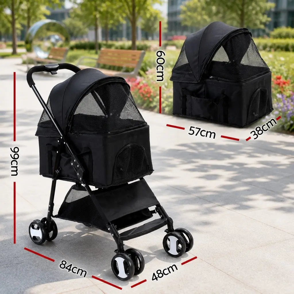 Pet Stroller for Dog Cat Travel 3-in-1 Foldable 84cm x 48cm x 99cm Black