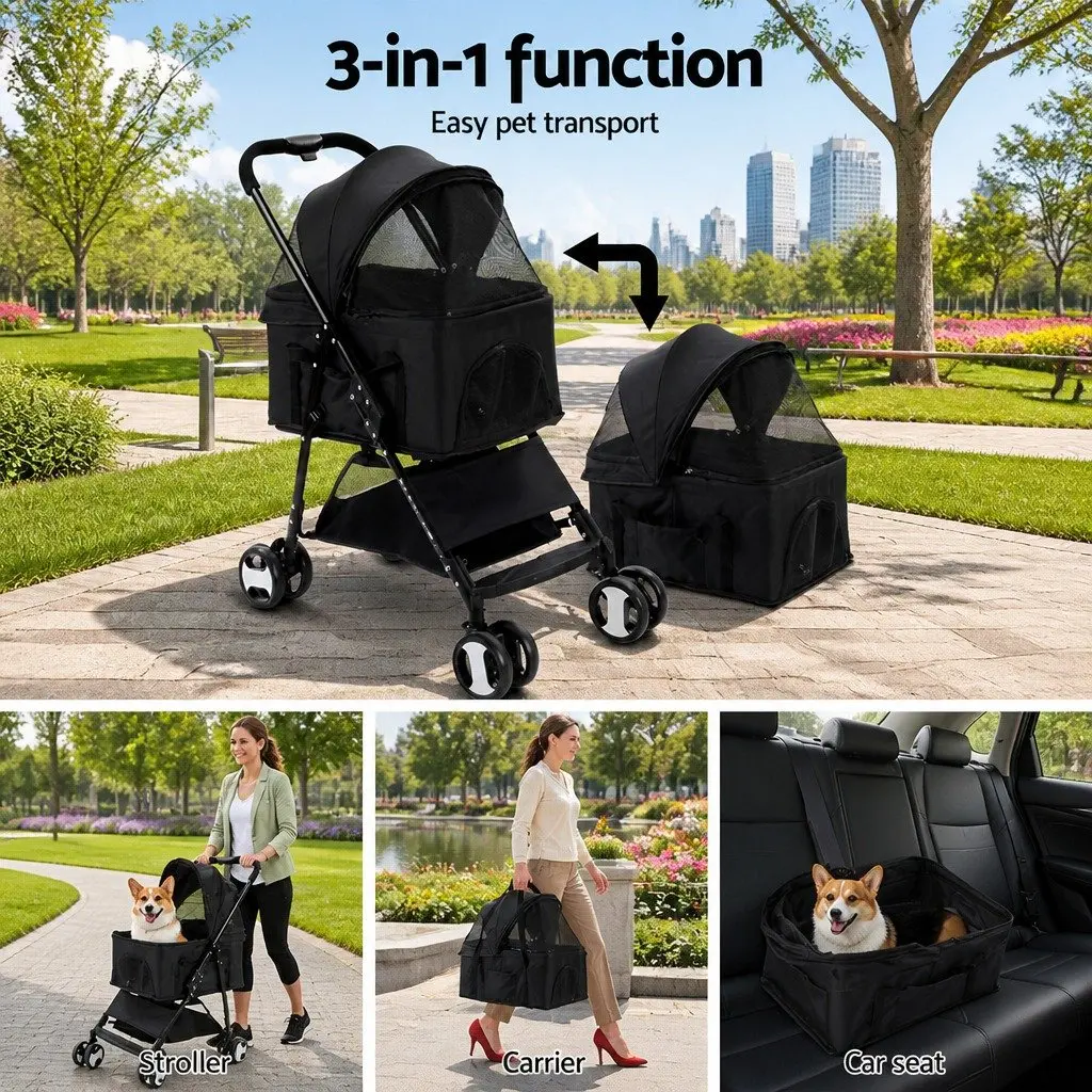 Pet Stroller for Dog Cat Travel 3-in-1 Foldable 84cm x 48cm x 99cm Black