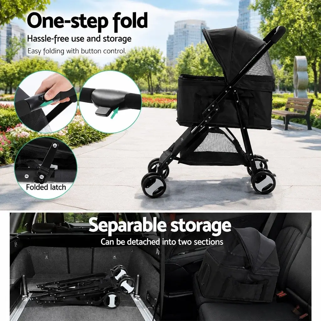 Pet Stroller for Dog Cat Travel 3-in-1 Foldable 84cm x 48cm x 99cm Black
