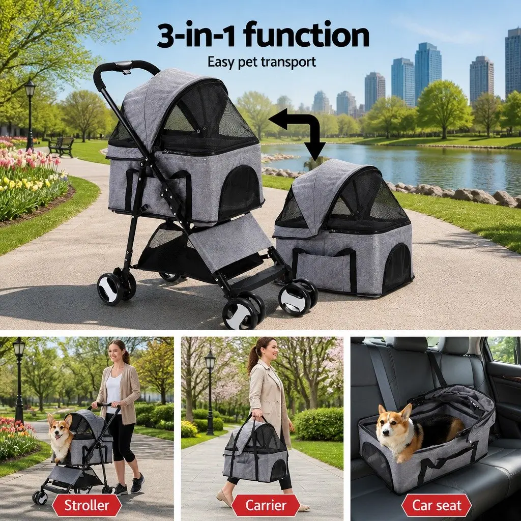 Pet Stroller for Small Pets Travel Pushchair Foldable Grey Large