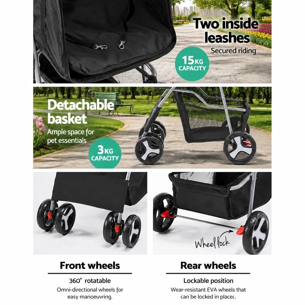 4 Wheel Pet Stroller Fold Small Dog Cat Carrier Travel Pushchair Breathable Mesh