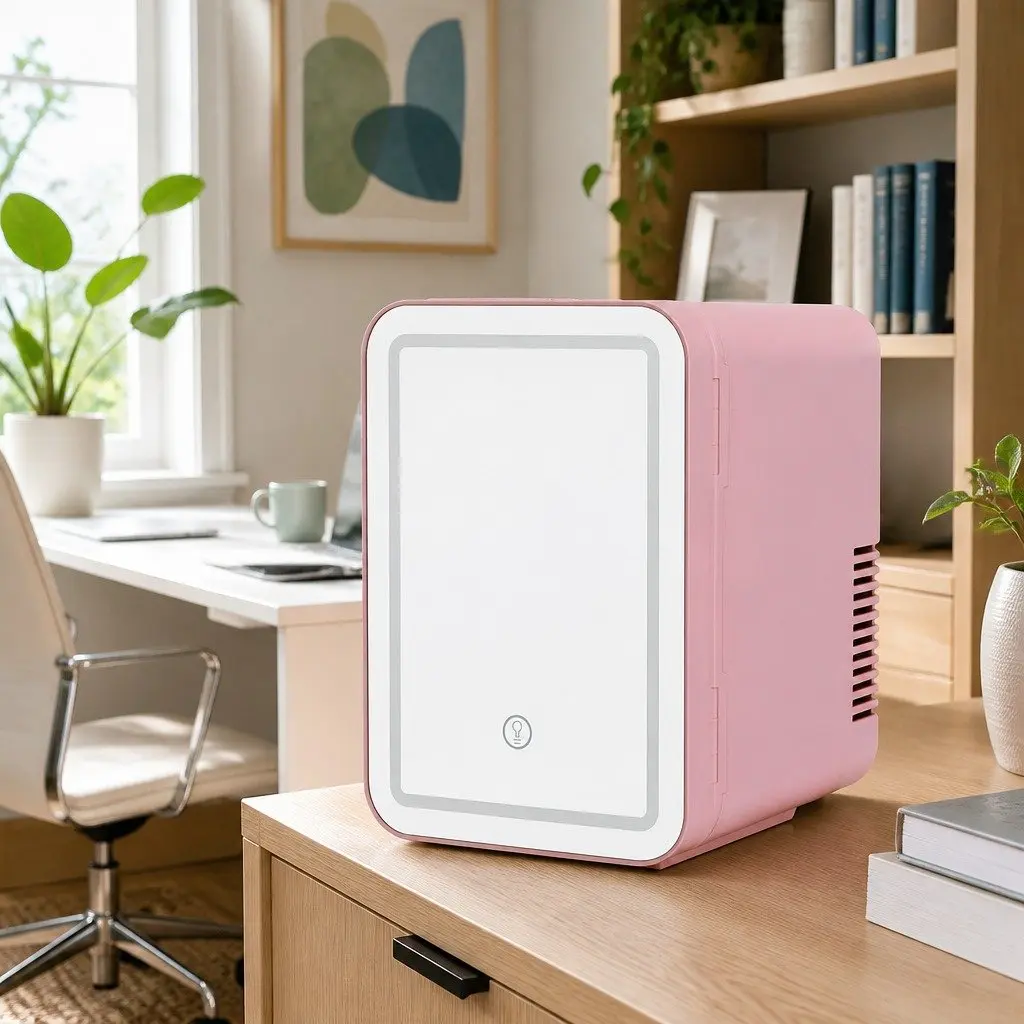 Mini Fridge for Skincare and Cosmetics 4L Portable with LED Mirror Pink