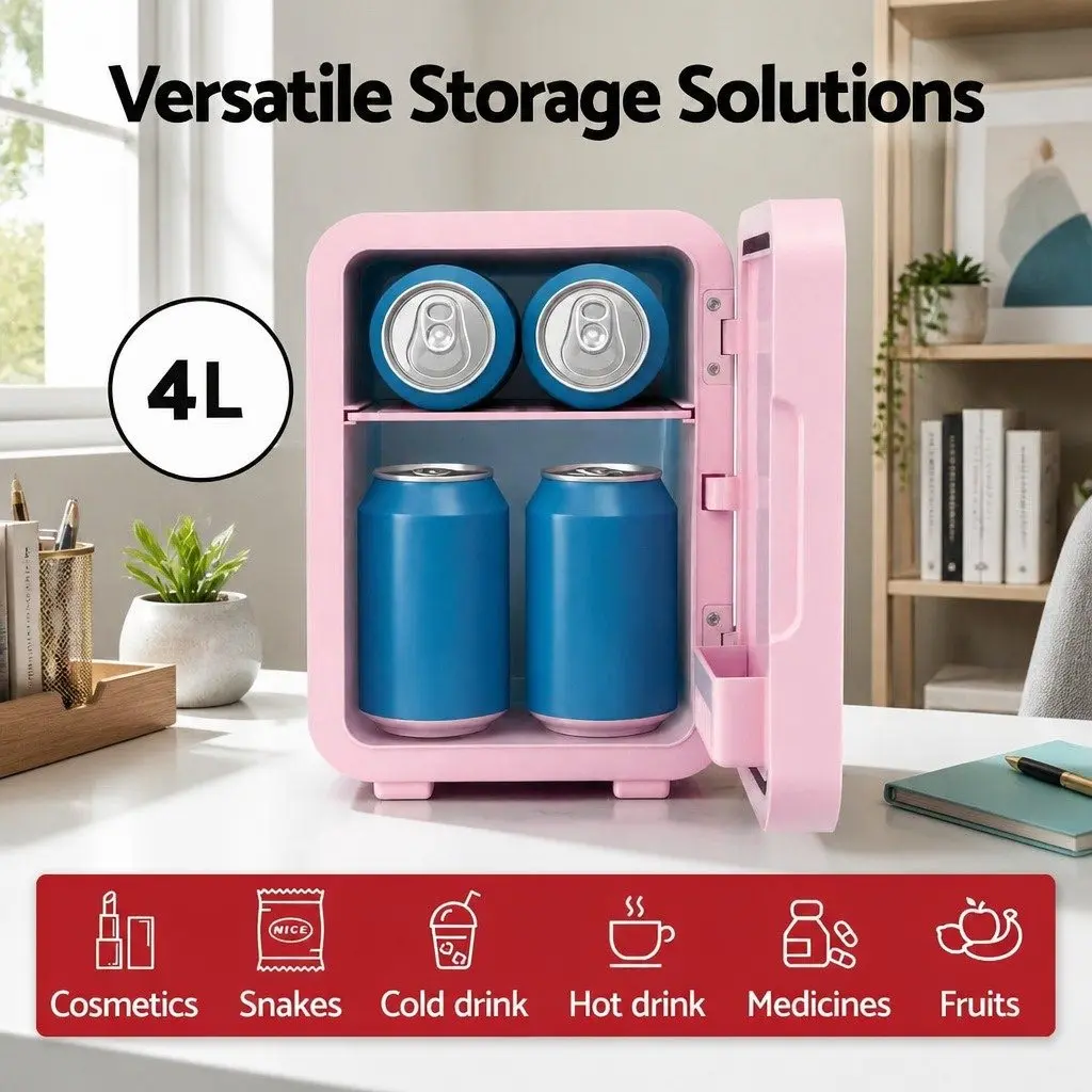 Mini Fridge for Skincare and Cosmetics 4L Portable with LED Mirror Pink