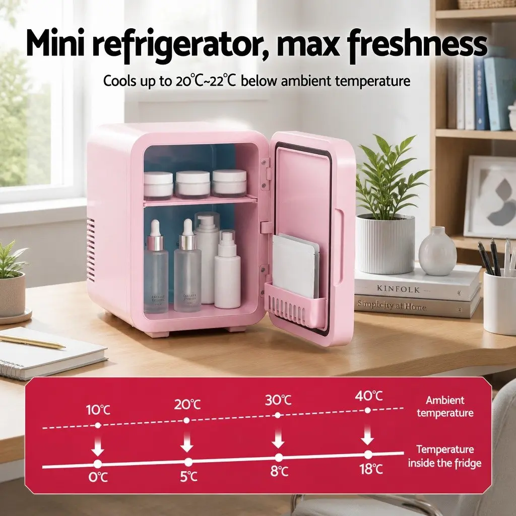 Mini Fridge for Skincare and Cosmetics 4L Portable with LED Mirror Pink