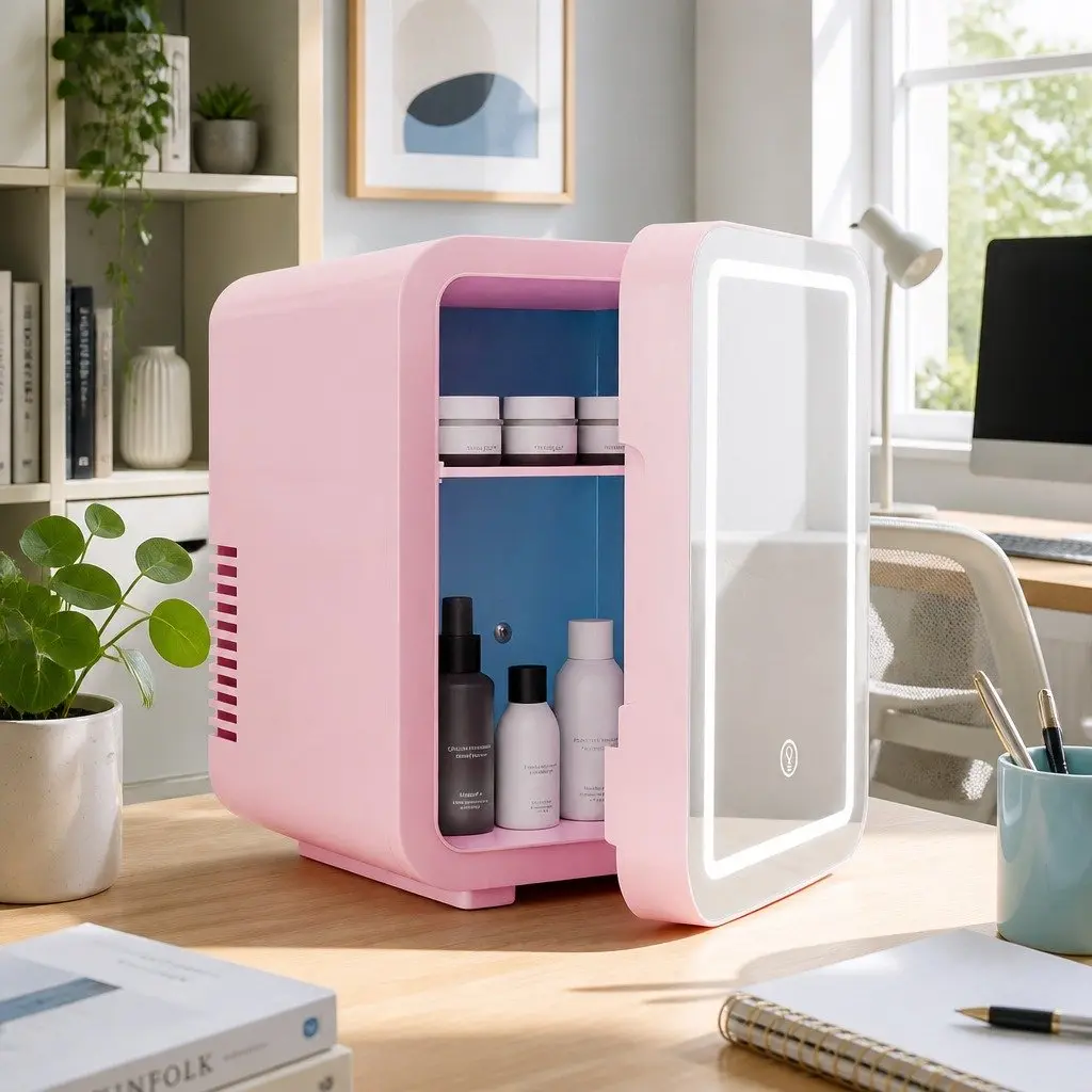 Mini Fridge for Skincare and Cosmetics 4L Portable with LED Mirror Pink